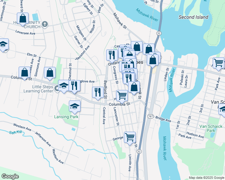 map of restaurants, bars, coffee shops, grocery stores, and more near 42 Bedford Street in Cohoes