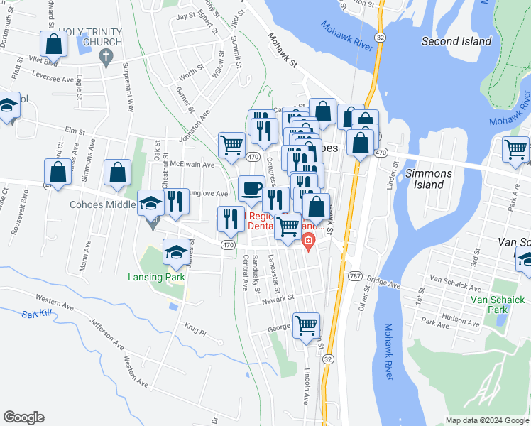 map of restaurants, bars, coffee shops, grocery stores, and more near 28 Lancaster Street in Cohoes