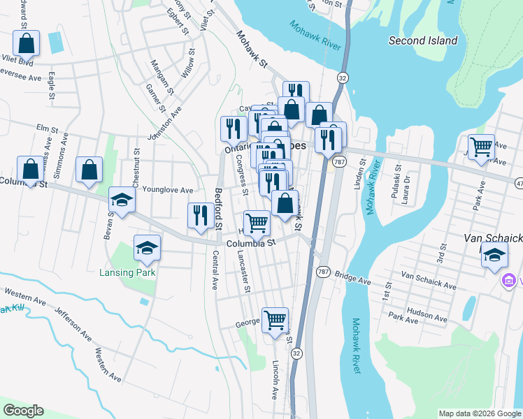 map of restaurants, bars, coffee shops, grocery stores, and more near 88 Howard Street in Cohoes