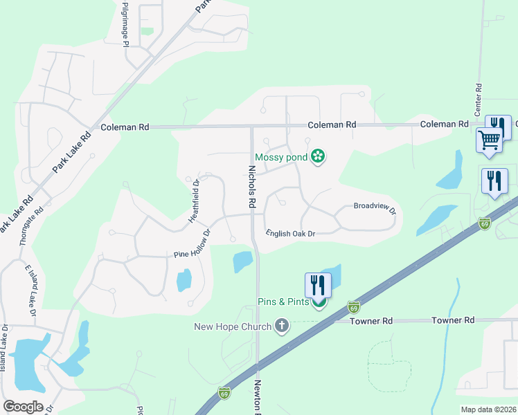 map of restaurants, bars, coffee shops, grocery stores, and more near 6516 English Oak Drive in East Lansing