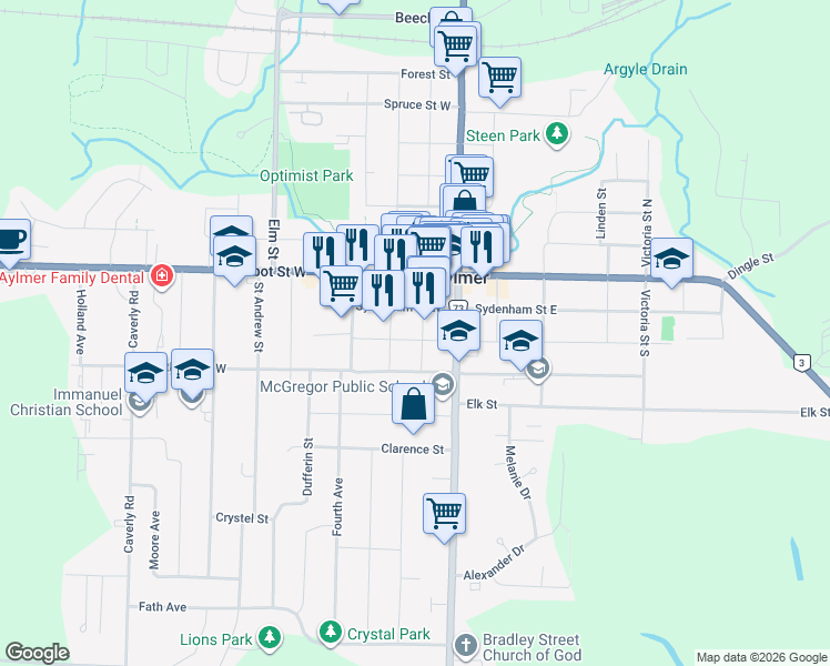 map of restaurants, bars, coffee shops, grocery stores, and more near 74 Centre Street in Aylmer