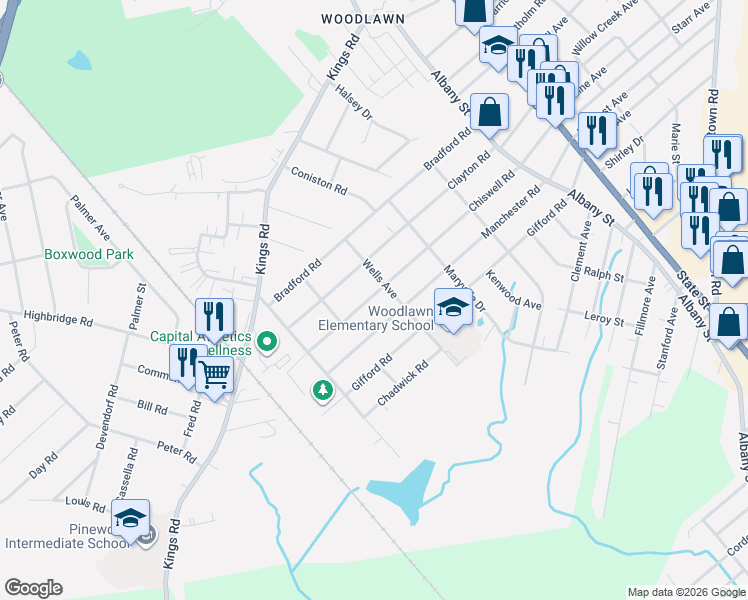 map of restaurants, bars, coffee shops, grocery stores, and more near 424 Chiswell Road in Schenectady