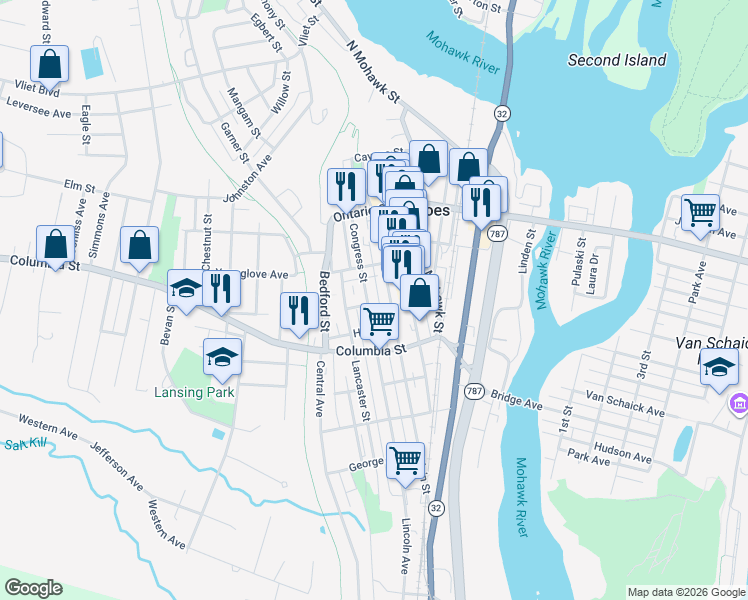 map of restaurants, bars, coffee shops, grocery stores, and more near 65 Congress Street in Cohoes