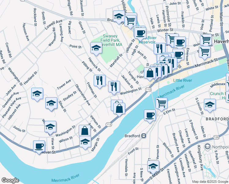 map of restaurants, bars, coffee shops, grocery stores, and more near 350 1/2 Washington Street in Haverhill
