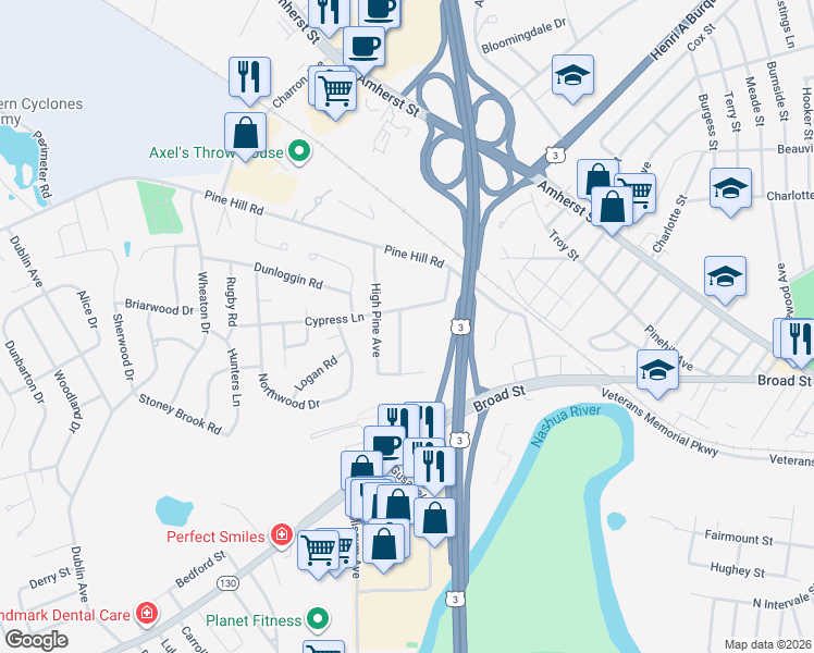 map of restaurants, bars, coffee shops, grocery stores, and more near 127 Flagstone Drive in Nashua