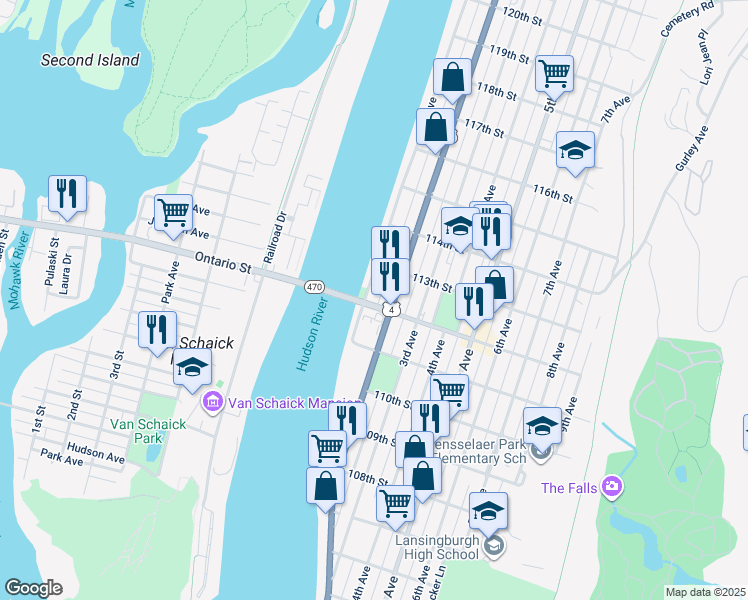 map of restaurants, bars, coffee shops, grocery stores, and more near 465 1st Avenue in Troy