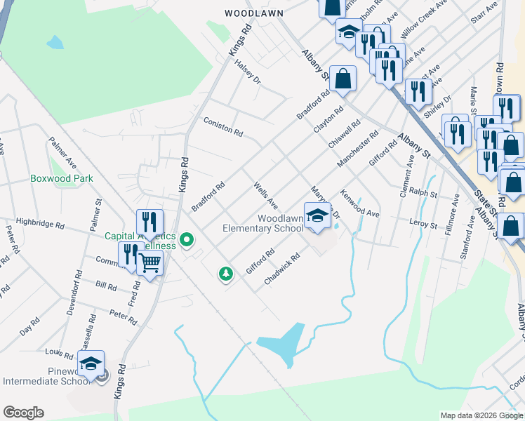 map of restaurants, bars, coffee shops, grocery stores, and more near 424 Chiswell Road in Schenectady
