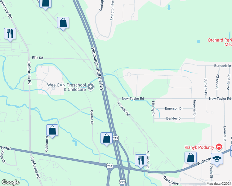map of restaurants, bars, coffee shops, grocery stores, and more near 5880 New Taylor Road in Orchard Park