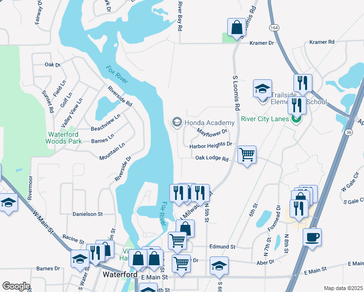 map of restaurants, bars, coffee shops, grocery stores, and more near 400 Oak Lodge Road in Waterford