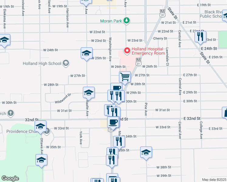 map of restaurants, bars, coffee shops, grocery stores, and more near 701 Washington Avenue in Holland