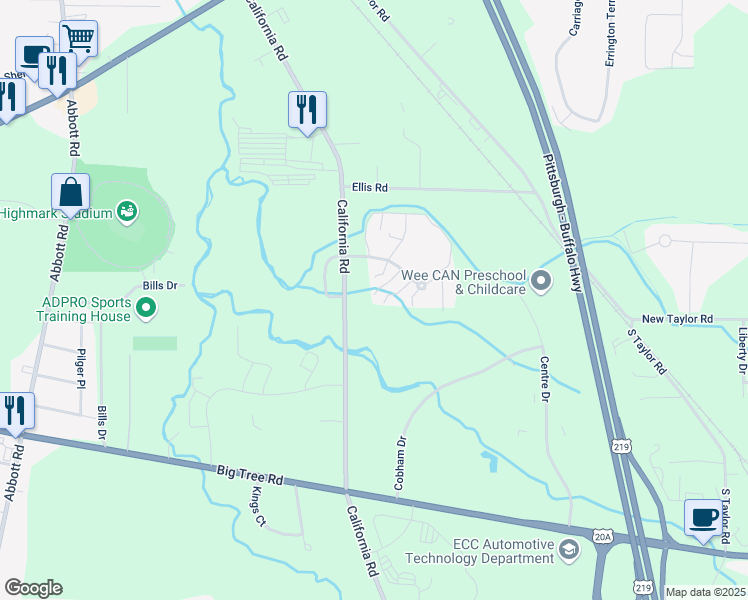map of restaurants, bars, coffee shops, grocery stores, and more near 4129 California Road in Orchard Park
