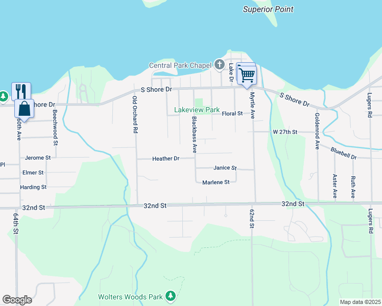 map of restaurants, bars, coffee shops, grocery stores, and more near 1268 Heather Drive in Holland
