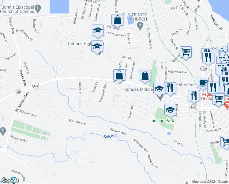 map of restaurants, bars, coffee shops, grocery stores, and more near Hines Drive in Cohoes