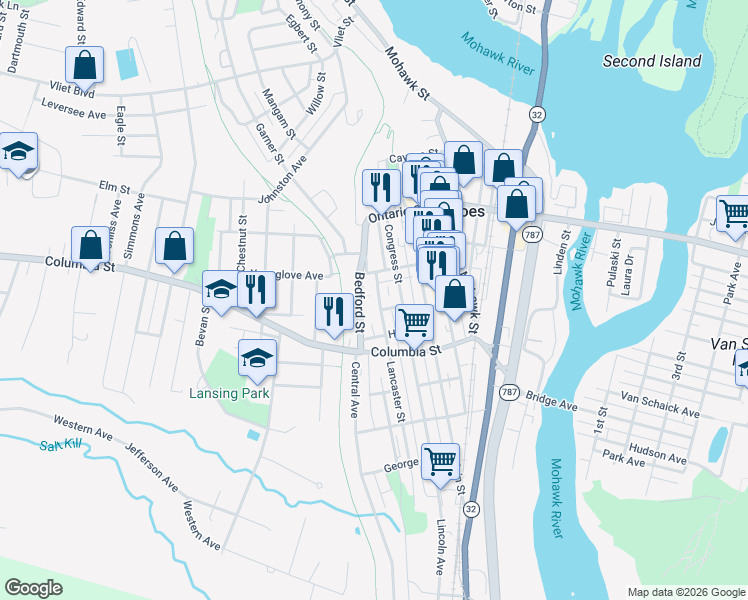 map of restaurants, bars, coffee shops, grocery stores, and more near 42 Bedford Street in Cohoes