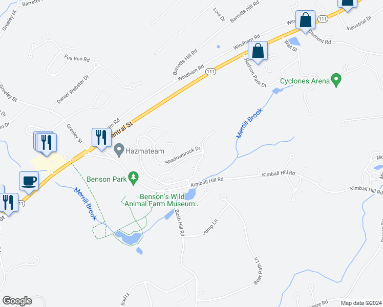 map of restaurants, bars, coffee shops, grocery stores, and more near 60 Shadowbrook Drive in Hudson