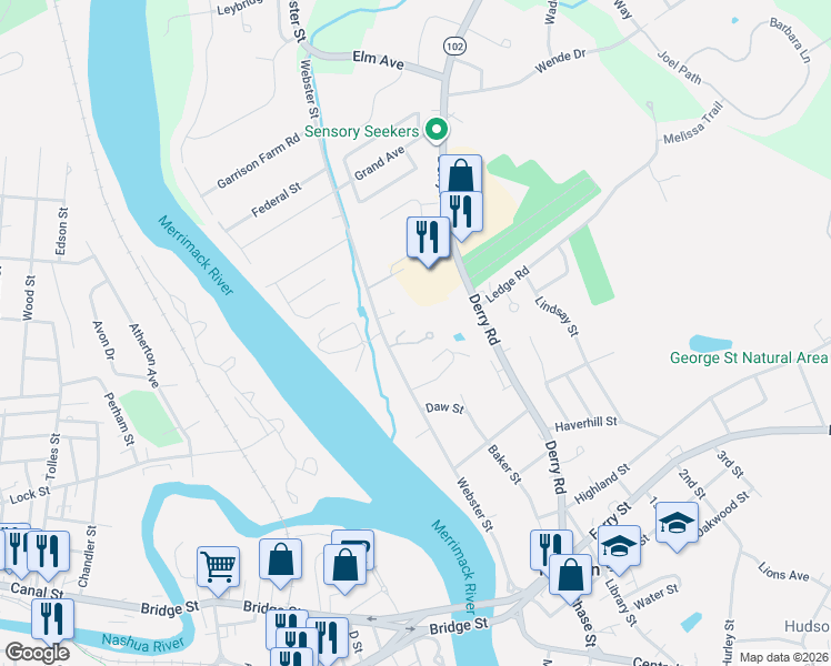 map of restaurants, bars, coffee shops, grocery stores, and more near 28 Willow Creek Drive in Hudson