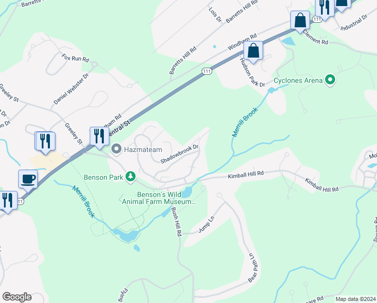 map of restaurants, bars, coffee shops, grocery stores, and more near 52 Shadowbrook Drive in Hudson