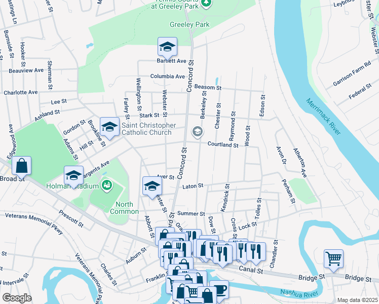 map of restaurants, bars, coffee shops, grocery stores, and more near 51 Concord Street in Nashua