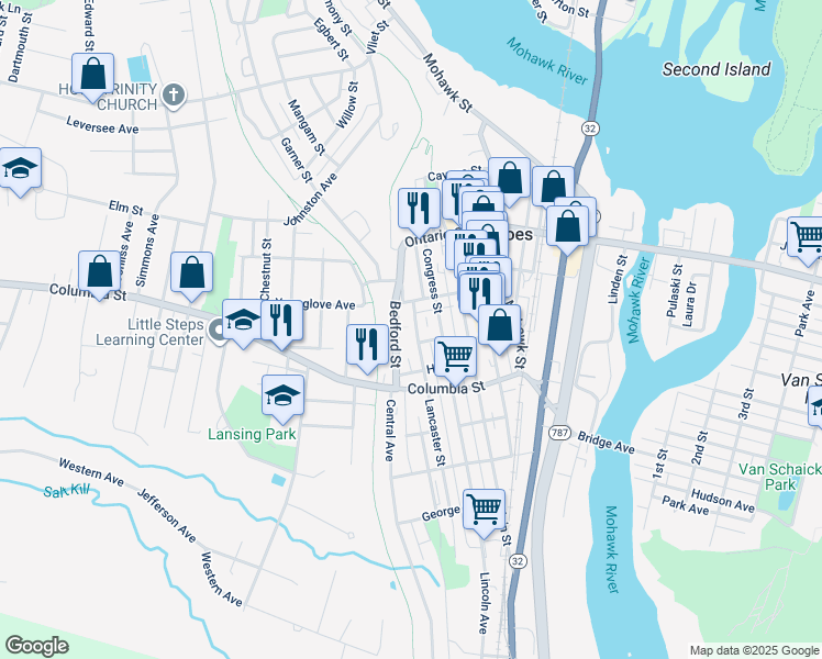 map of restaurants, bars, coffee shops, grocery stores, and more near 42 Bedford Street in Cohoes