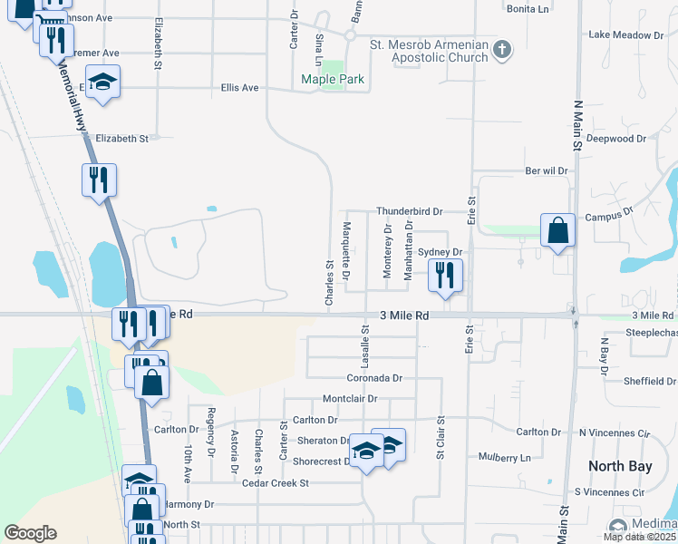 map of restaurants, bars, coffee shops, grocery stores, and more near 4032 Marquette Drive in Racine