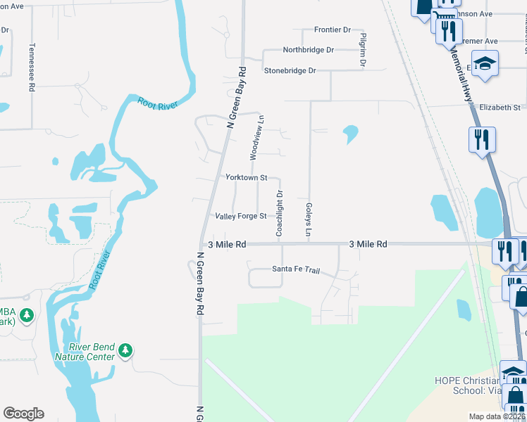map of restaurants, bars, coffee shops, grocery stores, and more near 3017 Valley Forge Street in Racine