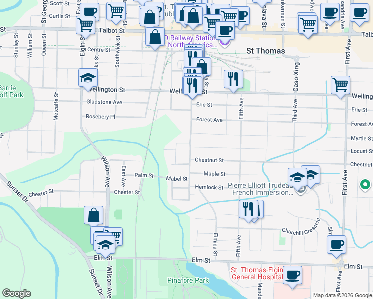 map of restaurants, bars, coffee shops, grocery stores, and more near 246 Ross Street in Saint Thomas