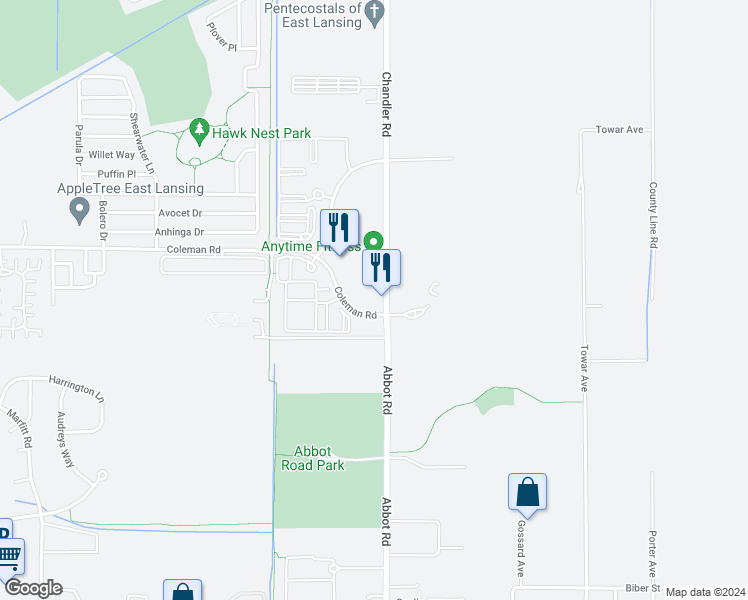 map of restaurants, bars, coffee shops, grocery stores, and more near 16830 Chandler Road in East Lansing