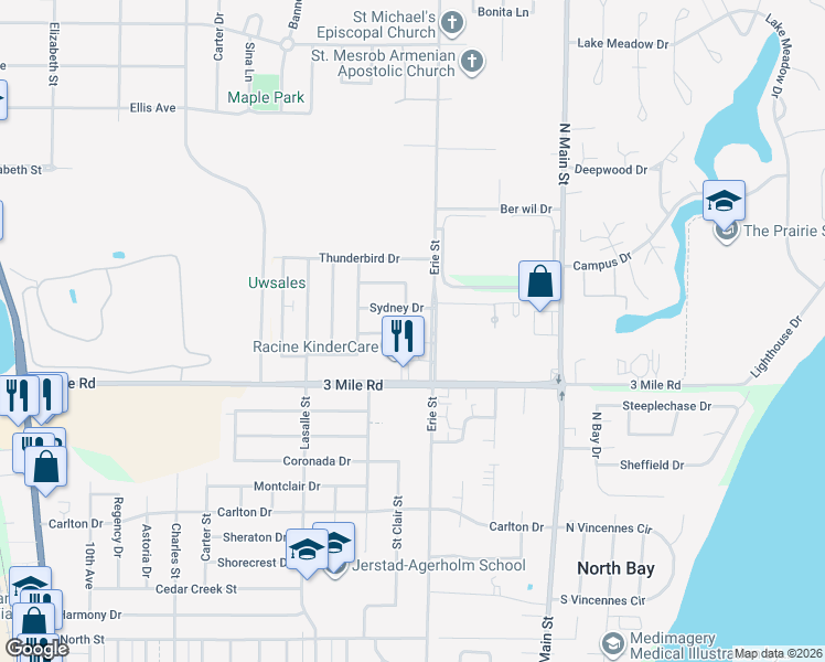 map of restaurants, bars, coffee shops, grocery stores, and more near 4030 Erie Street in Racine