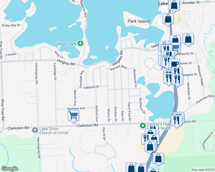 map of restaurants, bars, coffee shops, grocery stores, and more near 208 Oakland Street in Orion charter Township