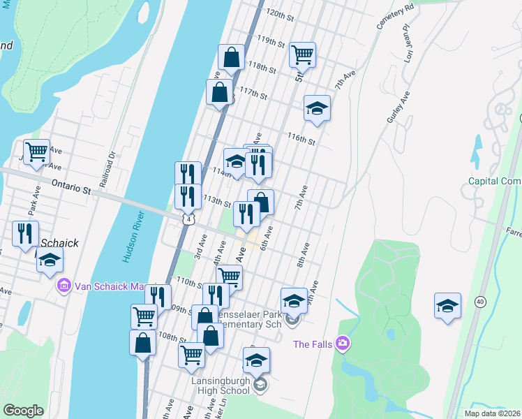 map of restaurants, bars, coffee shops, grocery stores, and more near 44 113th Street in Troy