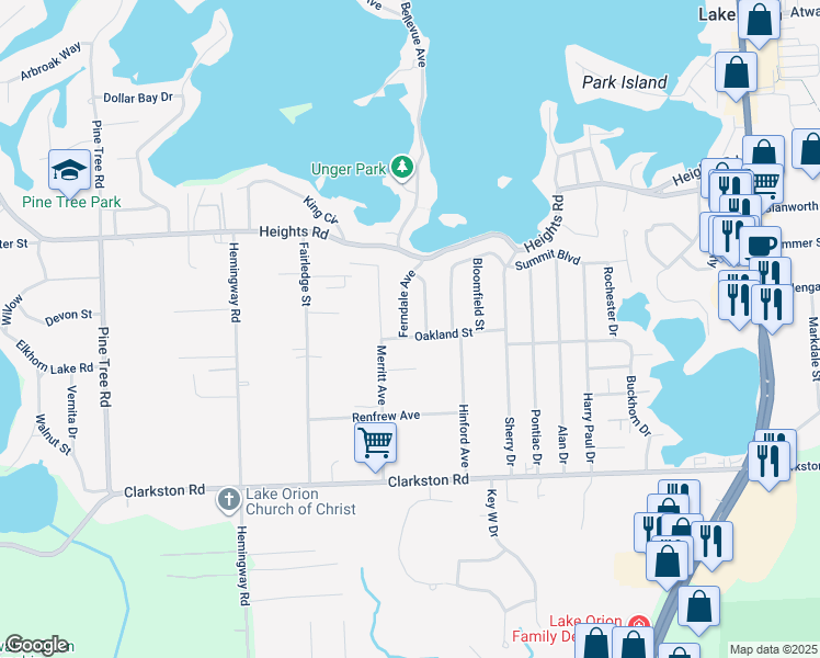 map of restaurants, bars, coffee shops, grocery stores, and more near 599 Oakland Street in Orion charter Township