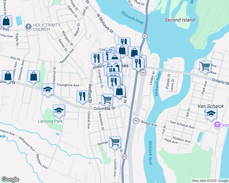 map of restaurants, bars, coffee shops, grocery stores, and more near 188 Remsen Street in Cohoes
