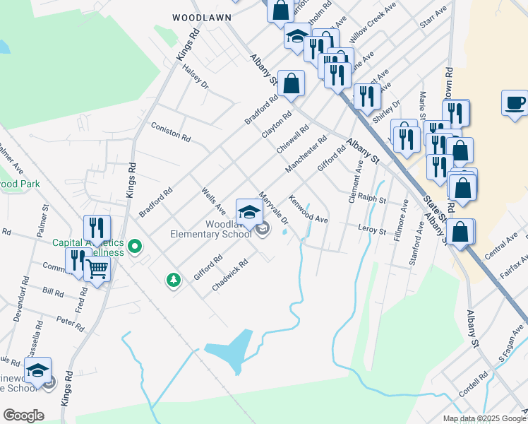 map of restaurants, bars, coffee shops, grocery stores, and more near 319 Gifford Road in Schenectady