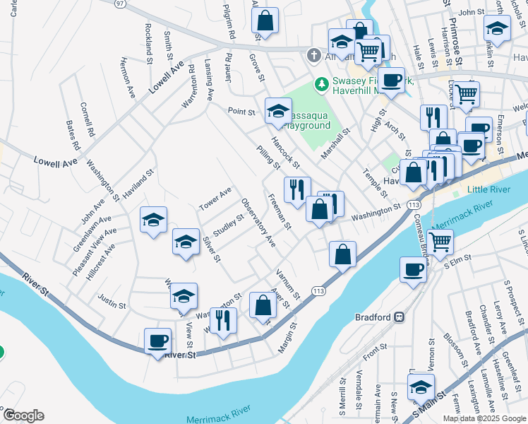 map of restaurants, bars, coffee shops, grocery stores, and more near 42 Ashworth Terrace in Haverhill