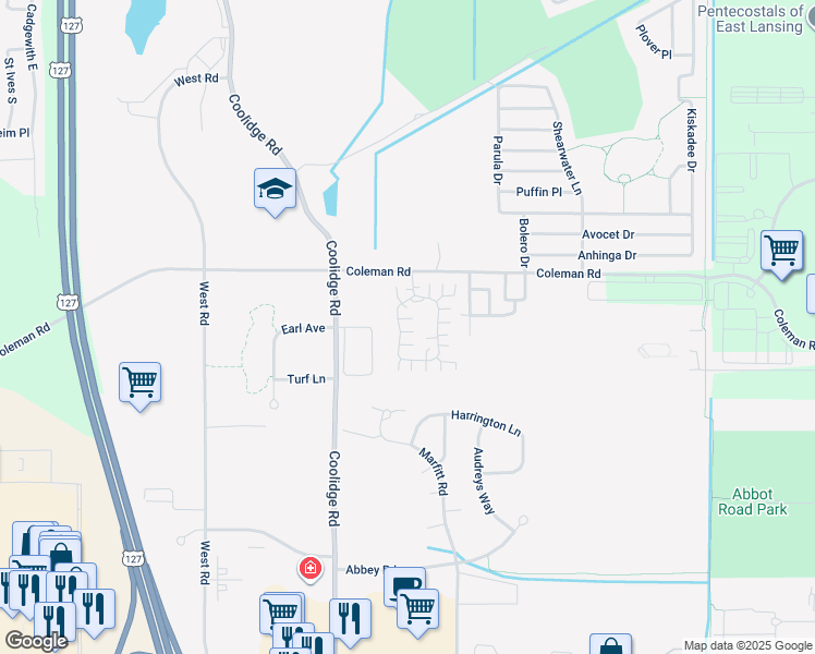map of restaurants, bars, coffee shops, grocery stores, and more near 3030 Hamlet Circle in East Lansing