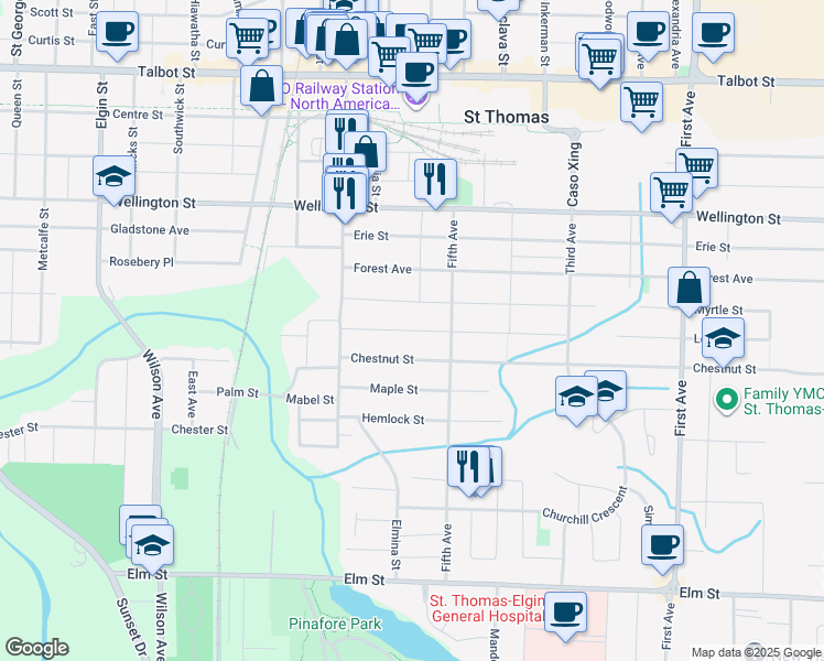 map of restaurants, bars, coffee shops, grocery stores, and more near 42 Locust Street in Saint Thomas