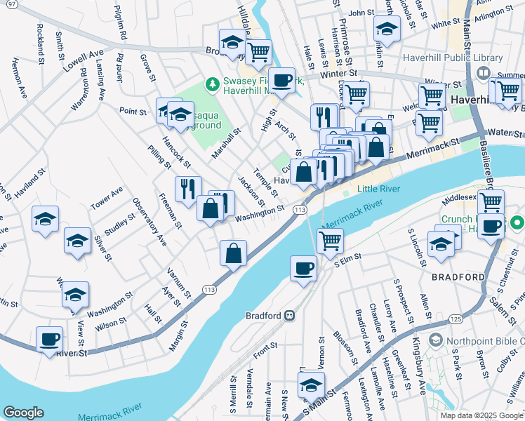 map of restaurants, bars, coffee shops, grocery stores, and more near 275 Washington Street in Haverhill