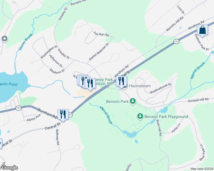 map of restaurants, bars, coffee shops, grocery stores, and more near 334 Central Street in Hudson