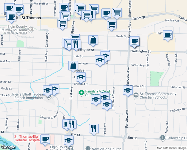 map of restaurants, bars, coffee shops, grocery stores, and more near 15 Gregory Place in St. Thomas