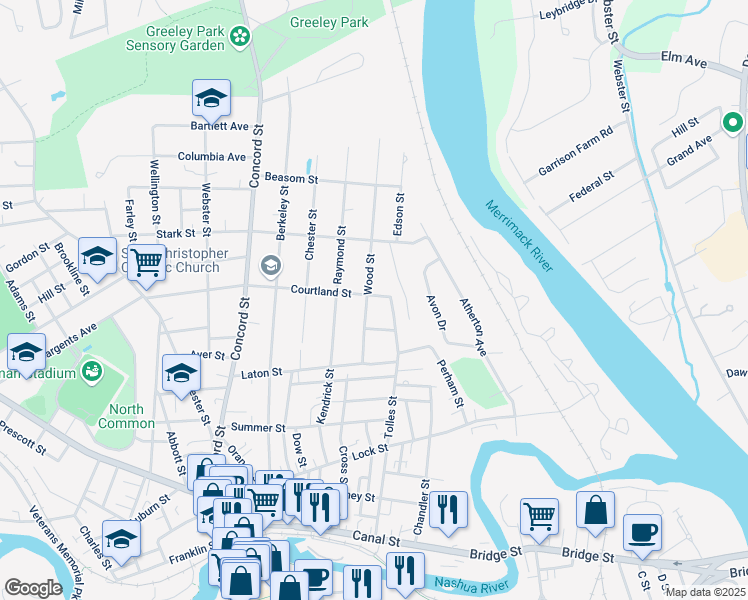 map of restaurants, bars, coffee shops, grocery stores, and more near 158 Tolles Street in Nashua