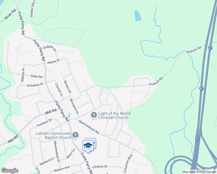 map of restaurants, bars, coffee shops, grocery stores, and more near Pollock Road & Oxford Drive in Latham