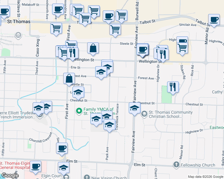 map of restaurants, bars, coffee shops, grocery stores, and more near in St. Thomas