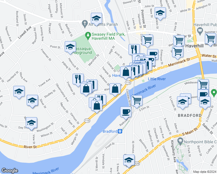 map of restaurants, bars, coffee shops, grocery stores, and more near 18 Sandler Terrace in Haverhill