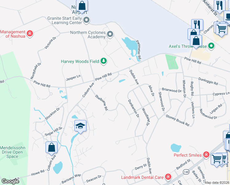 map of restaurants, bars, coffee shops, grocery stores, and more near in Nashua