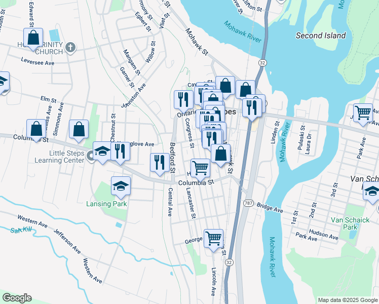 map of restaurants, bars, coffee shops, grocery stores, and more near 65 Congress Street in Cohoes
