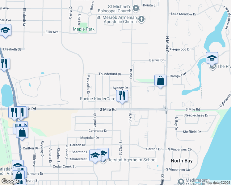 map of restaurants, bars, coffee shops, grocery stores, and more near 719 Monticello Drive in Racine