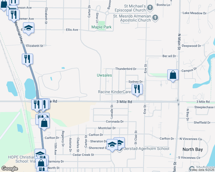 map of restaurants, bars, coffee shops, grocery stores, and more near 1000 Mayfair Drive in Racine