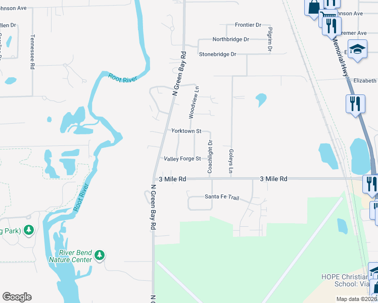 map of restaurants, bars, coffee shops, grocery stores, and more near 3129 Valley Forge Street in Racine