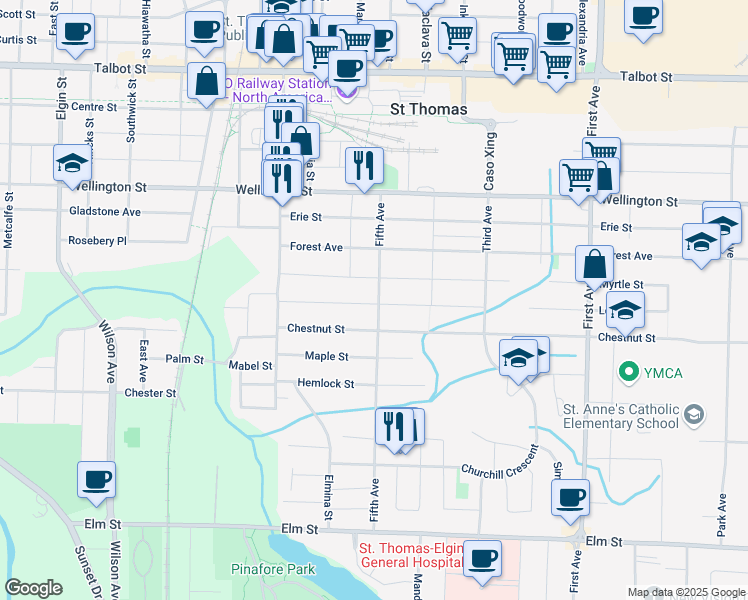 map of restaurants, bars, coffee shops, grocery stores, and more near 59 Fifth Avenue in St. Thomas
