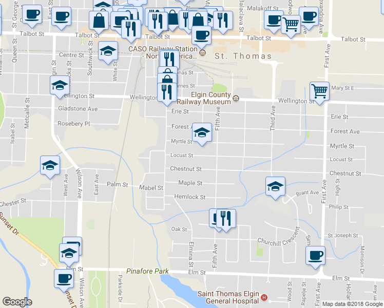 map of restaurants, bars, coffee shops, grocery stores, and more near 30 Locust Street in Saint Thomas